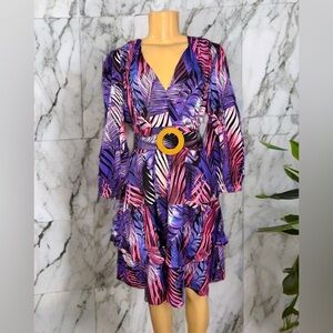 WOMEN'S 3 quarter SLEEVE SURPLICE RUFFLE MULTI PRINT MINI DRESS